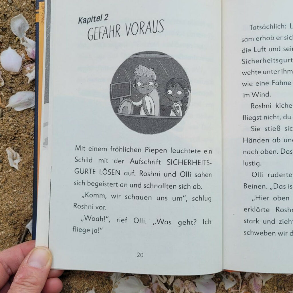 Ausschnitt einer Innenseite von Band 2 der Kinderbuchreihe „Ein Fall für die Forscher-Kids“ von S. J. King: "Kometen-Alarm"