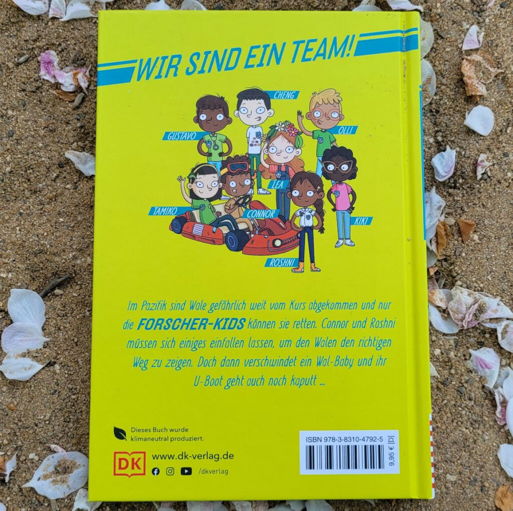 Rückseite von Band 1 der Kinderbuchreihe „Ein Fall für die Forscher-Kids“ von S. J. King: "Rettet die Wale"