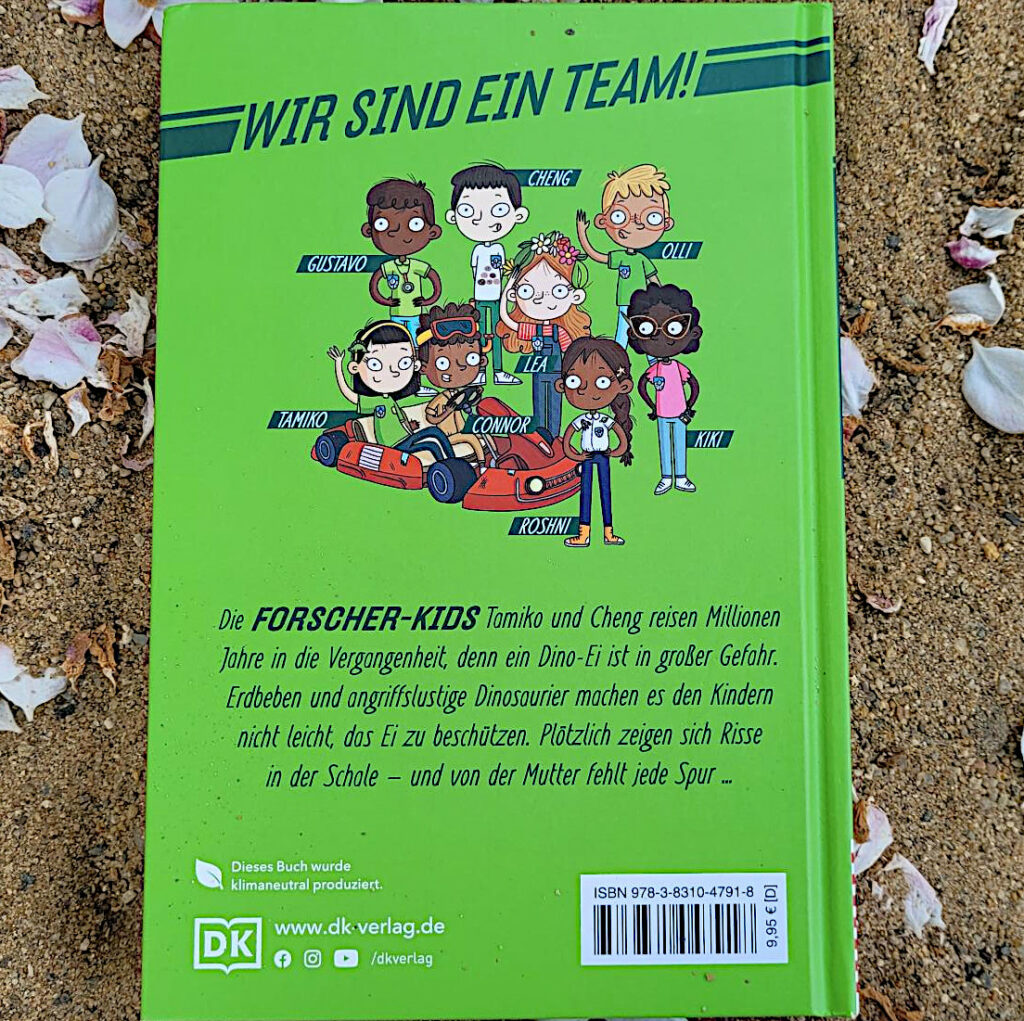 Rückseite von Band vier der Kinderbuchreihe „Ein Fall für die Forscher-Kids“ von S. J. King: "Dino in Not"