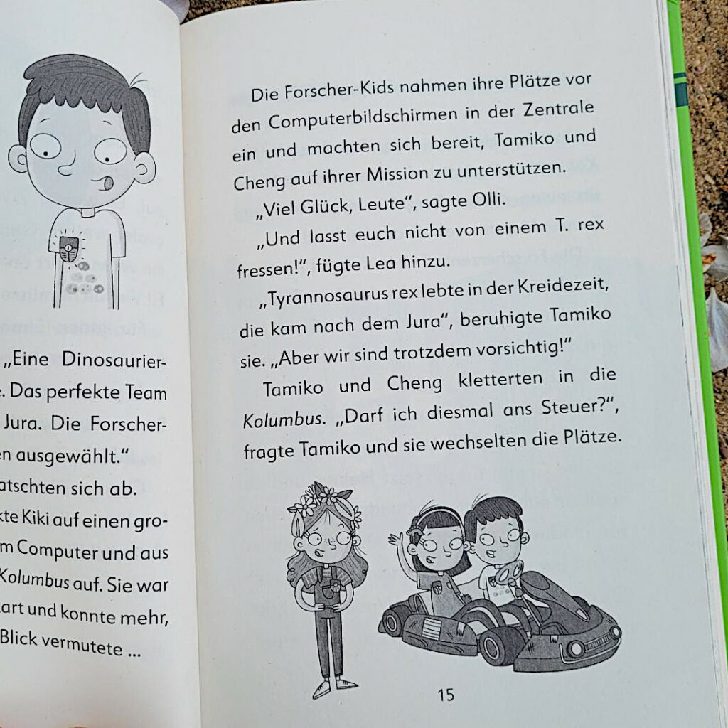 Ausschnitt einer Innenseite von Band vier der Kinderbuchreihe „Ein Fall für die Forscher-Kids“ von S. J. King: "Dino in Not"