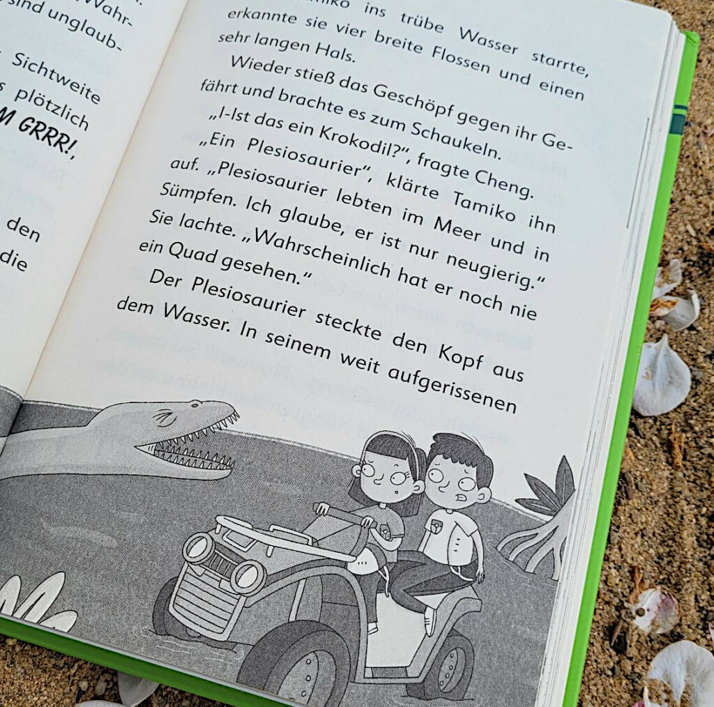 Ausschnitt einer Innenseite von Band vier der Kinderbuchreihe „Ein Fall für die Forscher-Kids“ von S. J. King: "Dino in Not"