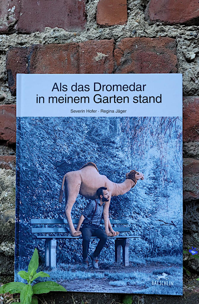 Das Bilderbuch „Als das Dromedar in meinem Garten stand“ von Severin Hofer und Regina Jäger vor einer roten Backsteinmauer