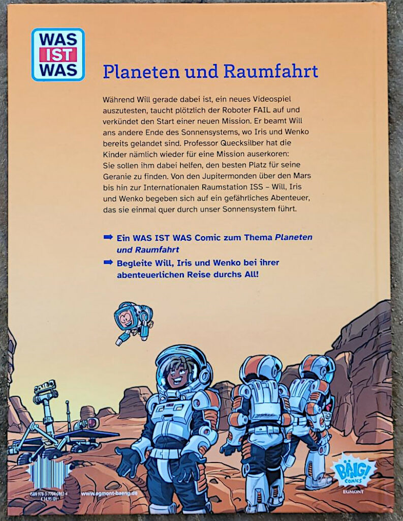 Die Rückseite des WAS IST WAS-Comics: „Planeten und Raumfahrt: Im Orbit des Neptun“ von Falk Holzapfel und Carlos Arroyo