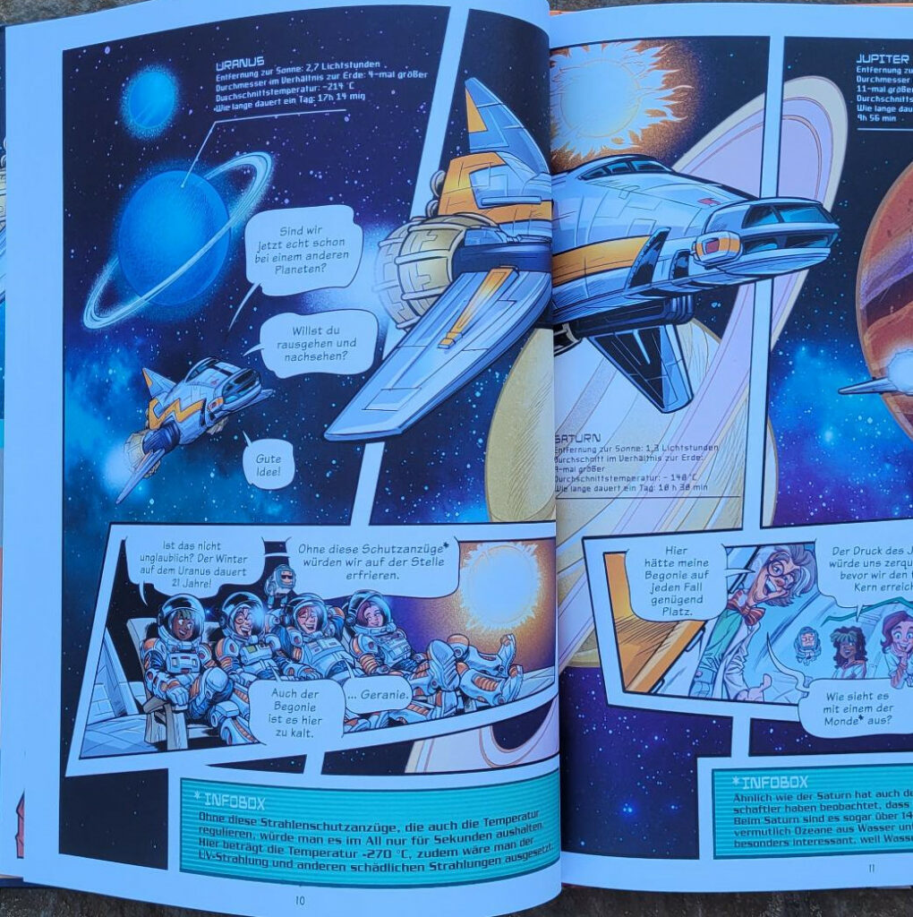 Ausschnitt einer Innenseite des WAS IST WAS-Comics: „Planeten und Raumfahrt: Im Orbit des Neptun“ von Falk Holzapfel und Carlos Arroyo