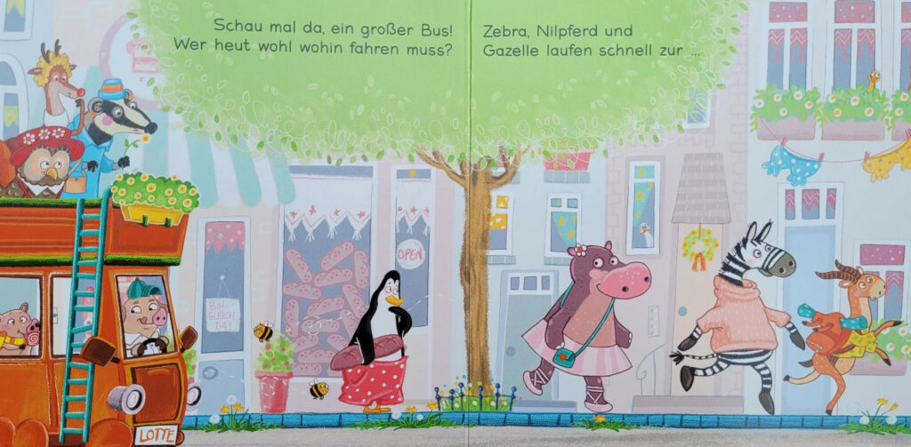 Eine Innenseite des Pappbilderbuches „Zebra, Nilpferd und Gazelle laufen schnell zur ... Haltestelle“ von Katja Frixe, Christian Jeremies und Fabian Jeremies