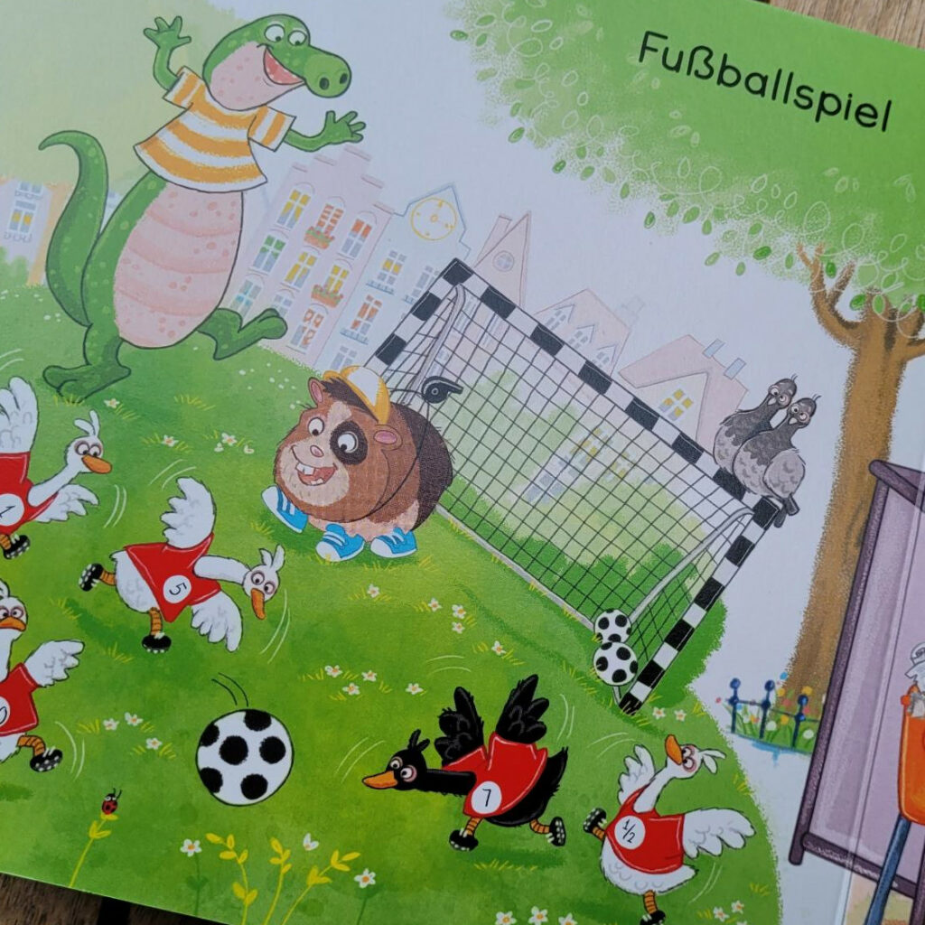 Ausschnitt einer Innenseite des Pappebuchs „Zebra, Nilpferd und Gazelle laufen schnell zur ... Haltestelle“ von Katja Frixe, Christian Jeremies und Fabian Jeremies