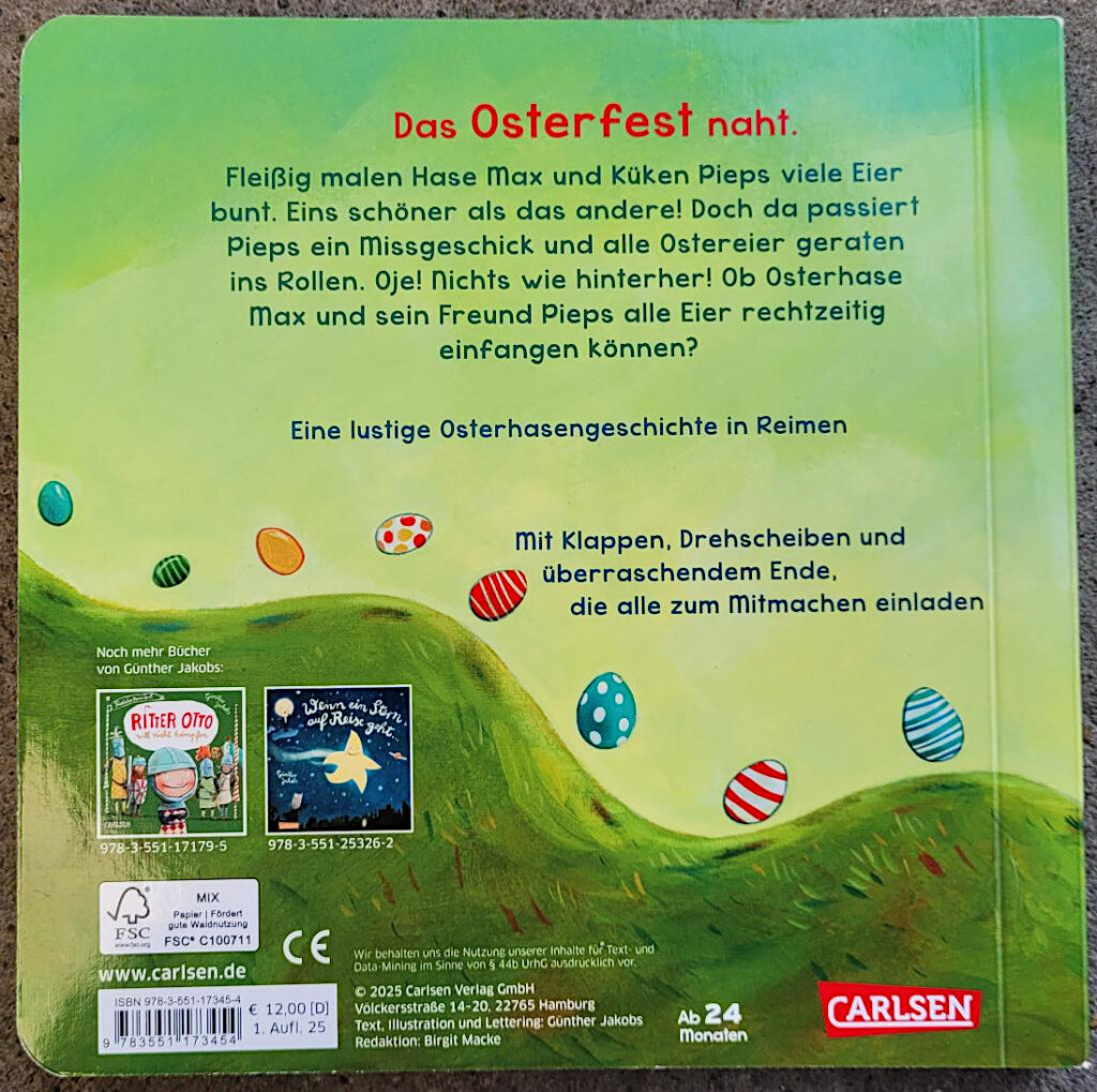 Die Rückseite des Pappbilderbuches „Wo rollen all die Eier hin“ mit Rückentext und Verlagsangaben