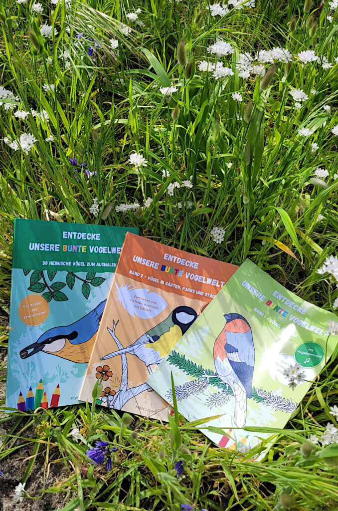 Die ersten beiden Bände und das Malbuch aus der Kinderbuchreihe "Entdecke unsere bunte Vogelwelt" von Malte Loberg liegen in einer blühenden Wildblumenwiese