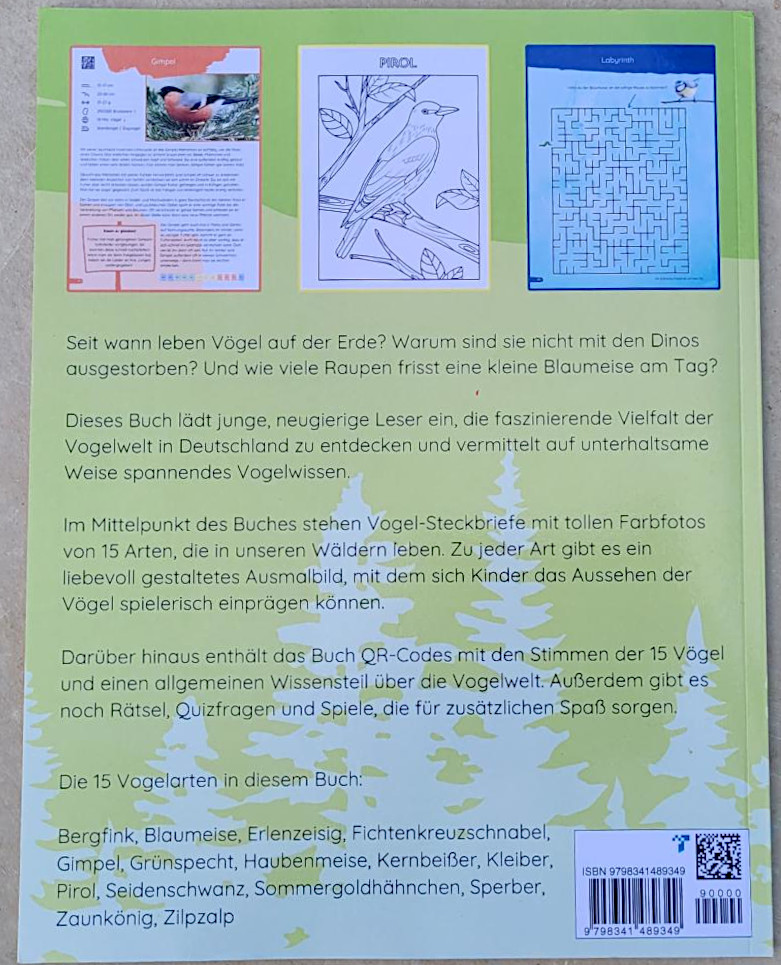 Die Rückseite des Sachwissenheftes "Vögel im Wald" von Malte Loberg
