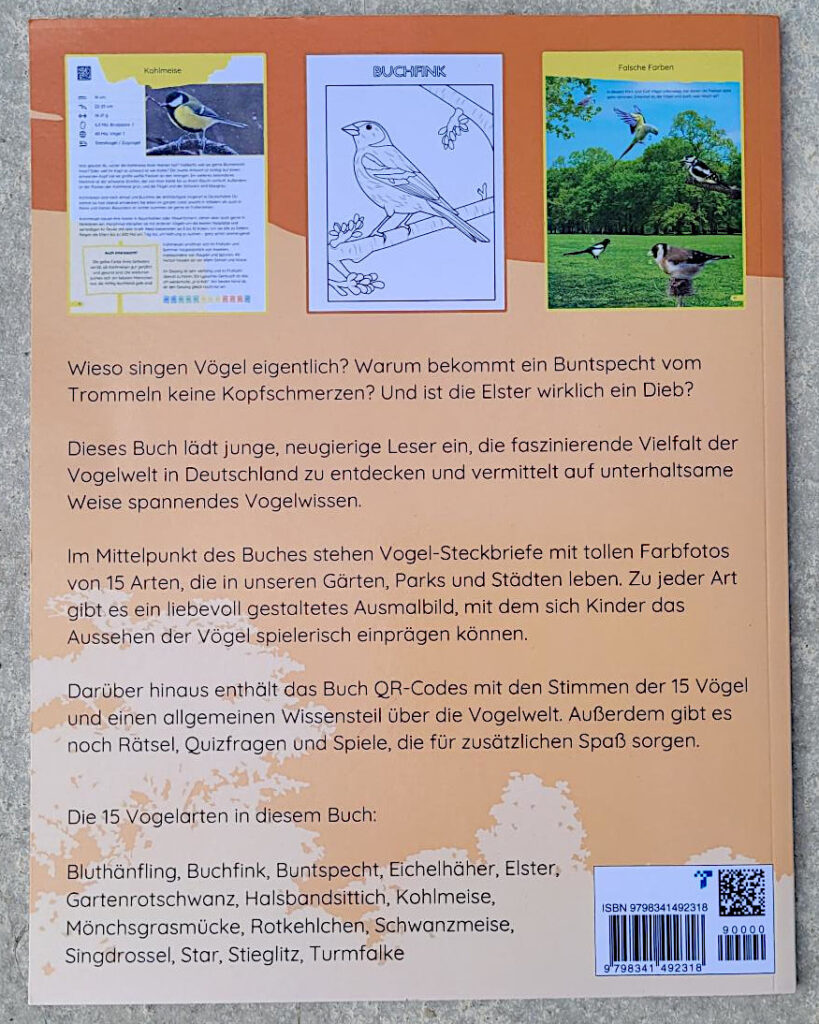 Rückseite des Kindersachbuches "Vögel in Gärten, Parks und Städten" von Malte Loberg