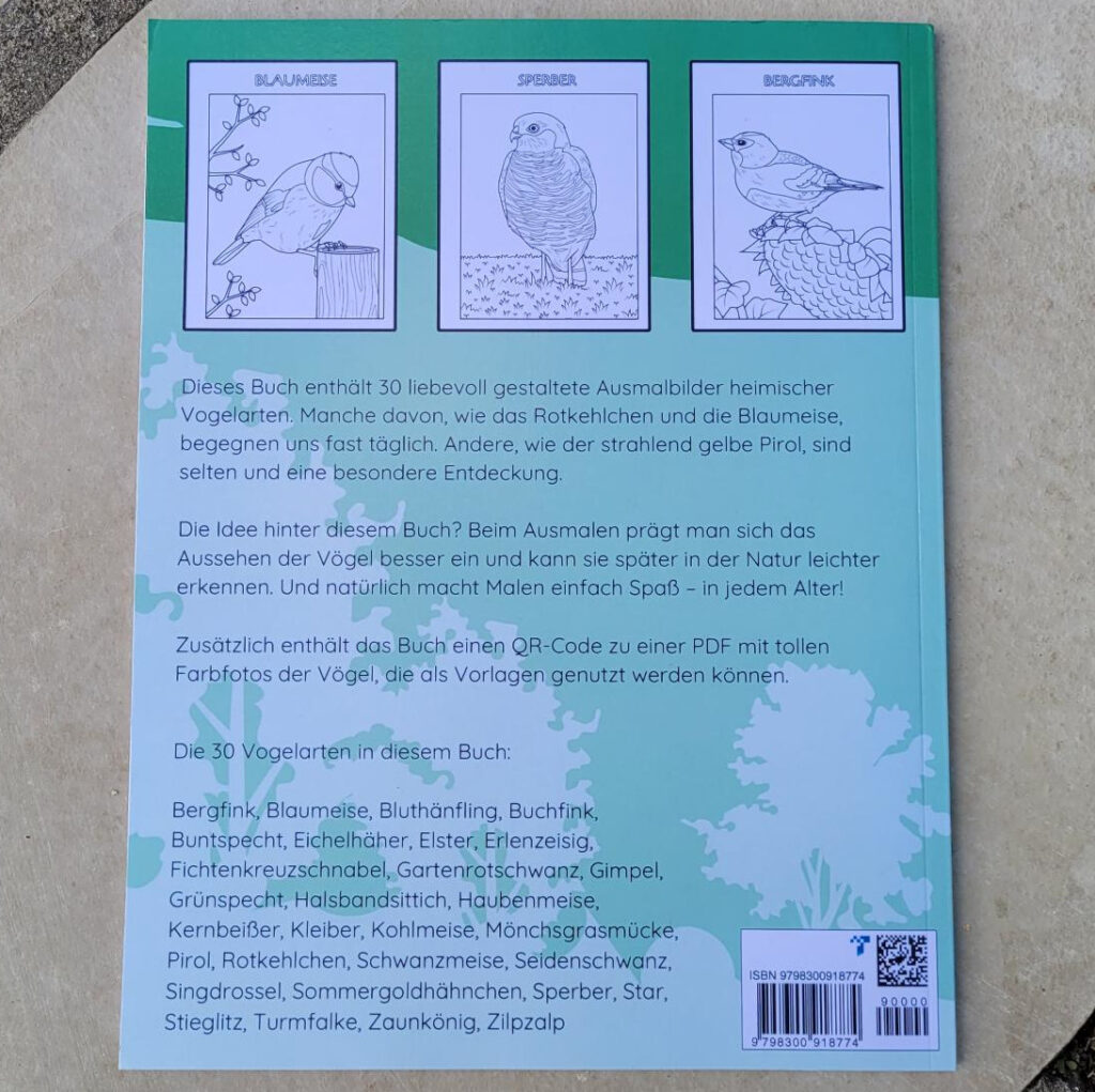 Die Rückseite des Malbuches „30 heimische Vögel zum Ausmalen“ von Malte Loberg