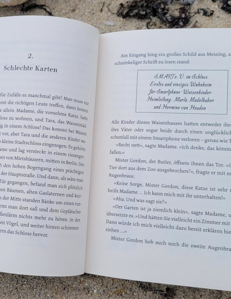 Innenseite des Kinderromans „Die Insel der Smartphone-Waisen“ von Salah Naoura mit Illustrationen von Kai Schüttler