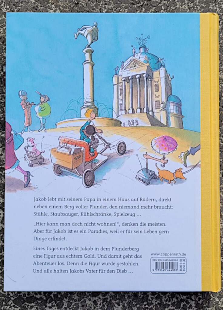 Die Rückseite des Kinderromans „Jakob und der Berg der vergessenen Dinge“ von Mirjam Oldenhave und Rick Haas