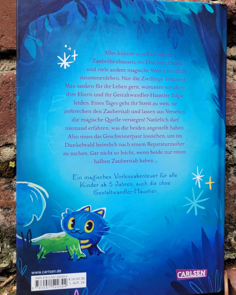 Rückseite des Kinderbuches „Ein halber Zauber“ von Miriam Mann und Lisa Forsch mit Rückentext