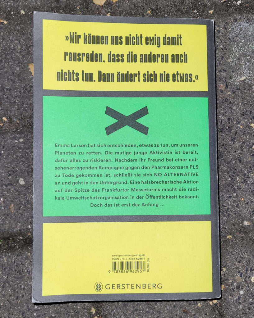 Rückseite des Romans „No Alternative“ von Dirk Reinhardt mit Rückentext