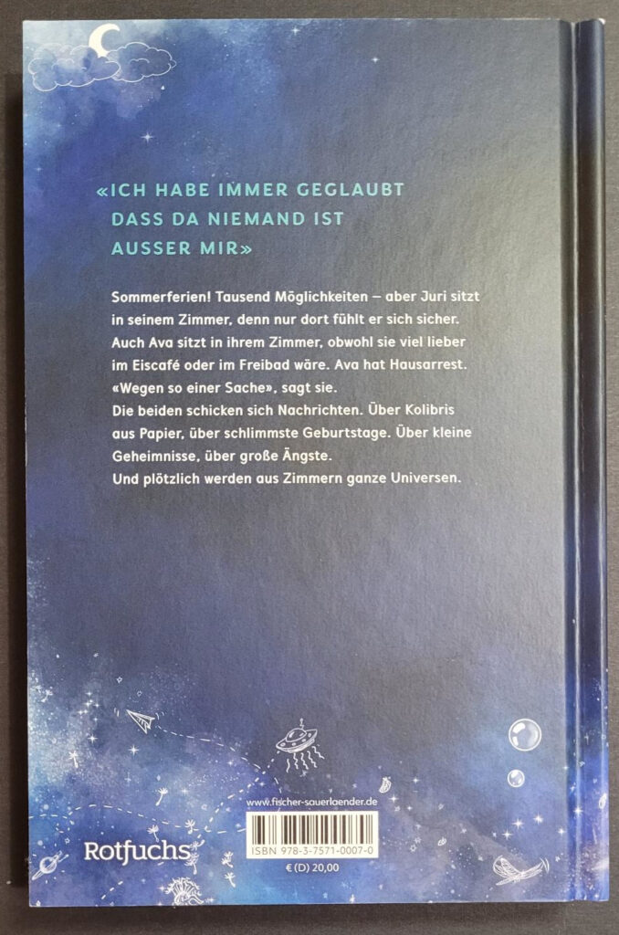 Die Rückseite des Briefromans „Und die Welt, sie fliegt hoch“ von Sarah Jäger und Sarah Maus
