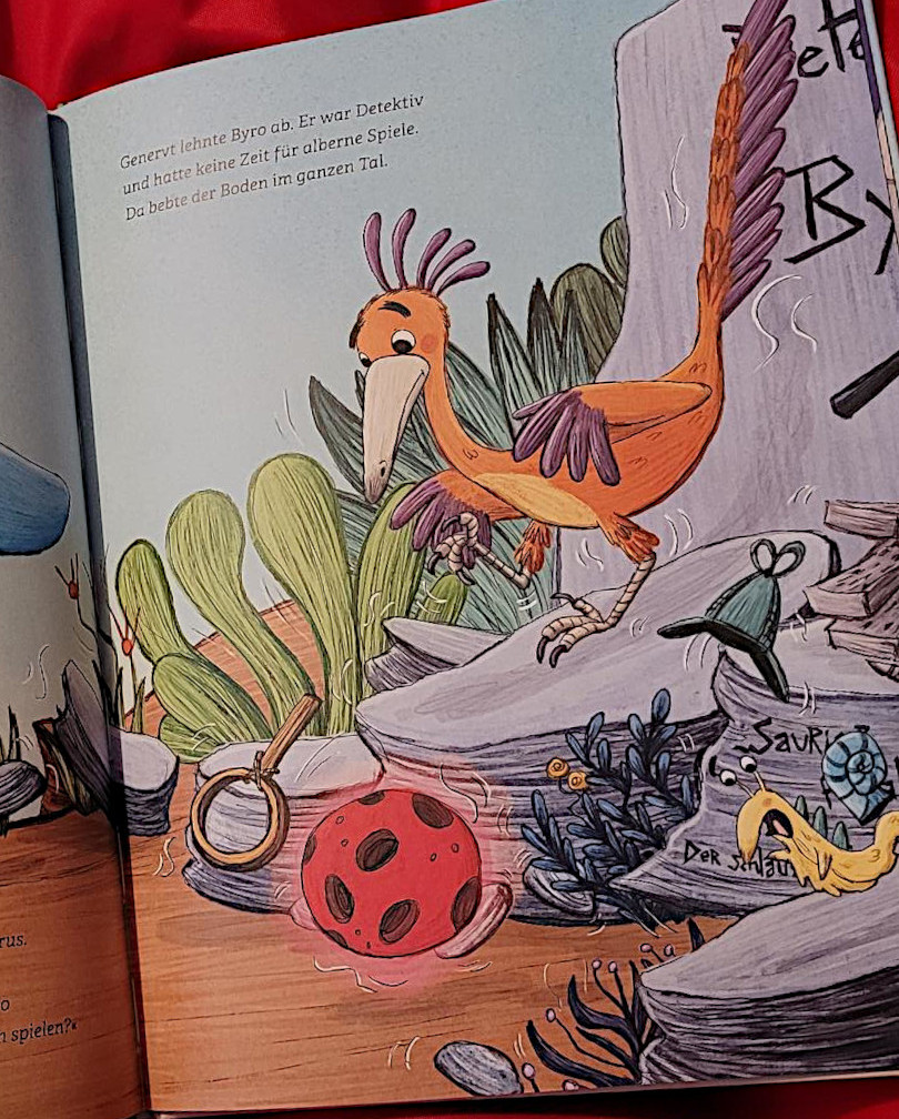 Ausschnit einer Innenseite des Bilderbuches „Die Dino-Detektive: Das Rätsel um den Popo-Biss“ von Johanna Lindemann und Maïté Schmitt