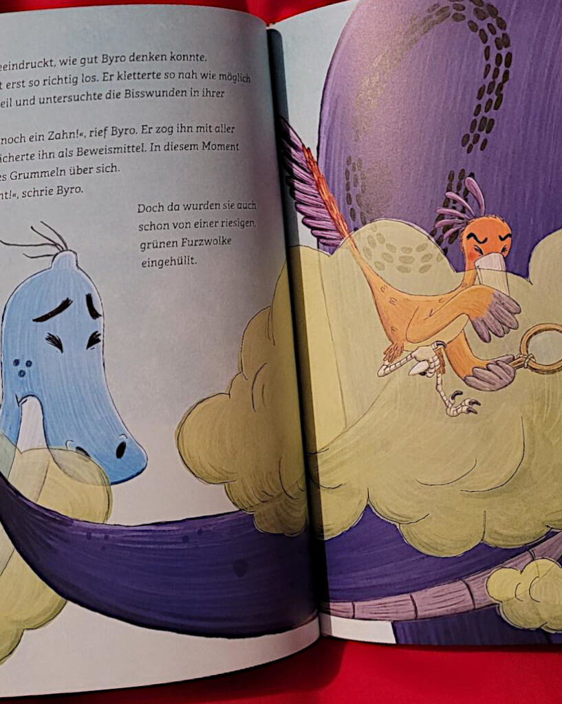 Ausschnit einer Innenseite des Bilderbuches „Die Dino-Detektive: Das Rätsel um den Popo-Biss“ von Johanna Lindemann und Maïté Schmitt