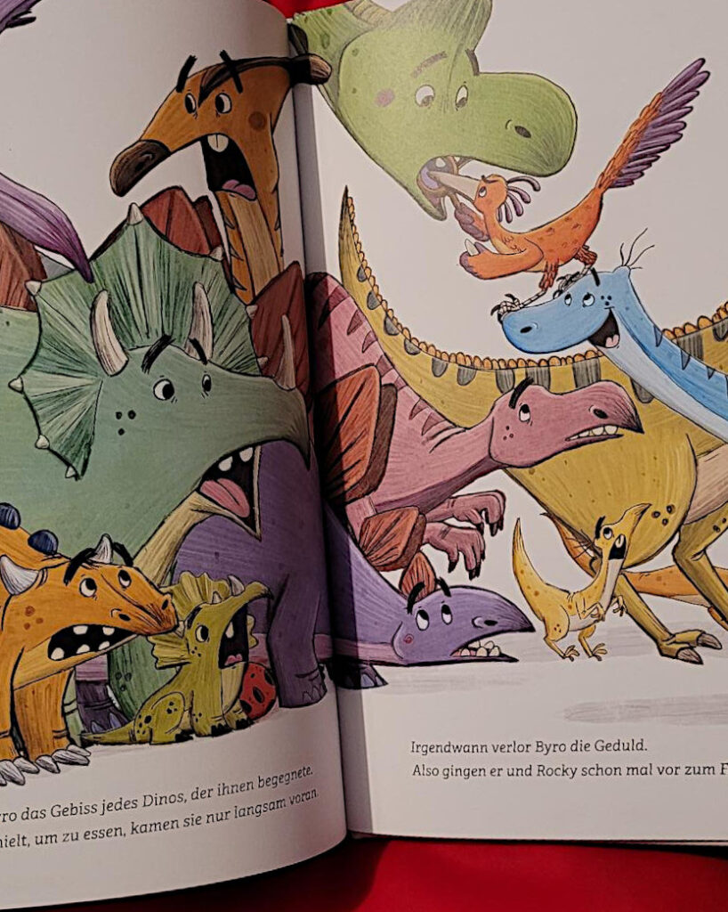 Ausschnit einer Innenseite des Bilderbuches „Die Dino-Detektive: Das Rätsel um den Popo-Biss“ von Johanna Lindemann und Maïté Schmitt