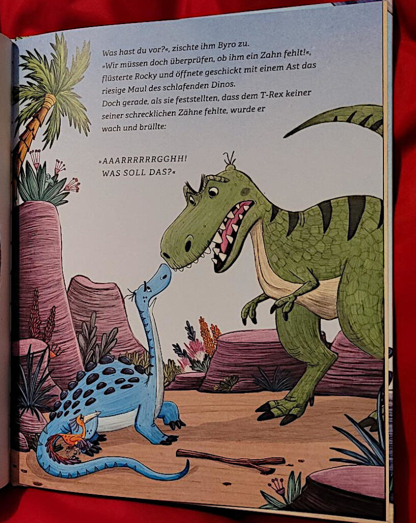 Ausschnit einer Innenseite des Bilderbuches „Die Dino-Detektive: Das Rätsel um den Popo-Biss“ von Johanna Lindemann und Maïté Schmitt