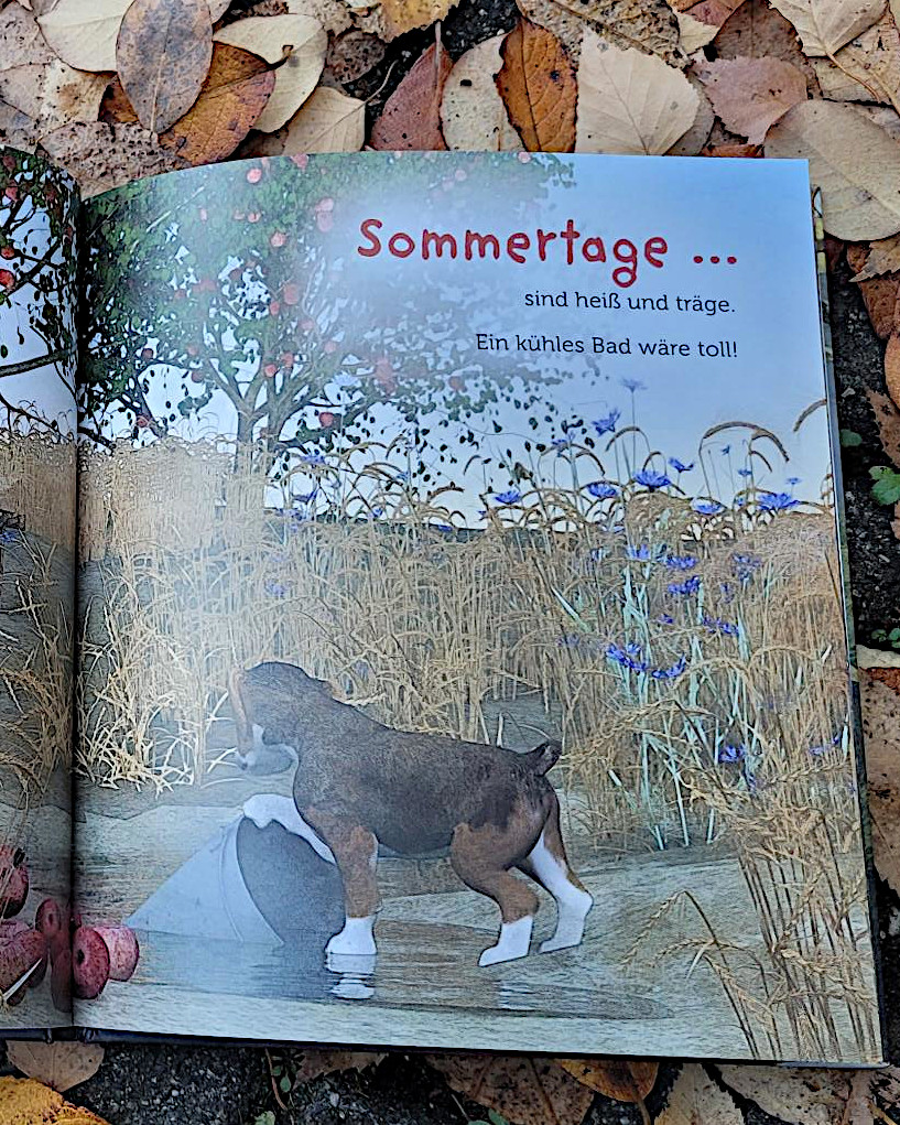 Ausschnitt einer Innenseite des Kinderbuches „Herbsthundewetter“ von Andreas und Dirk Steinhöfel zum Thema Sommertage