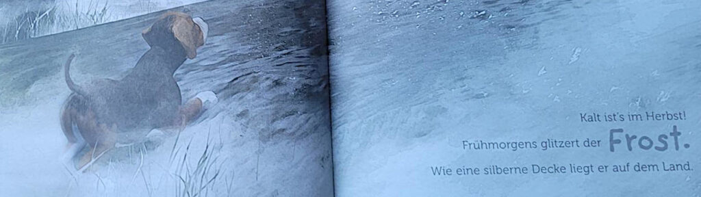 Ausschnitt einer Innenseite des Bilderbuches „Herbsthundewetter“ von Andreas und Dirk Steinhöfel zumThema Wintertage