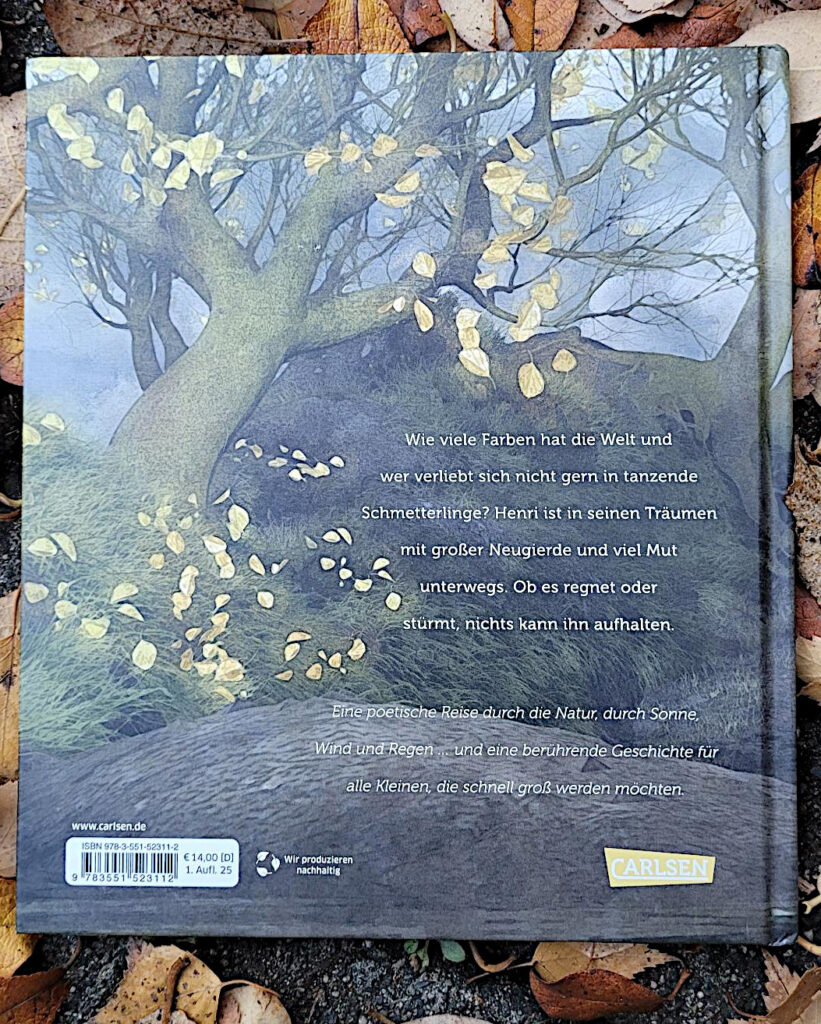 Rückseite des Bilderbuches „Herbsthundewetter“ von Andreas und Dirk Steinhöfel mit Rückentext