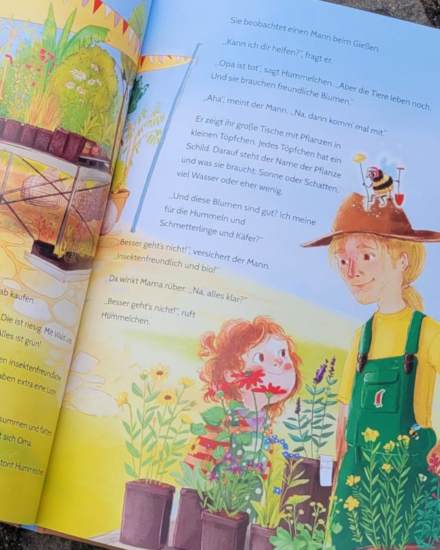 Ausschnitt einer Innenseite des Bilderbuches „Im Leben nicht! Ein Naturgrab für Opa“ von Susanne Maria Emka und Lisa Rammensee