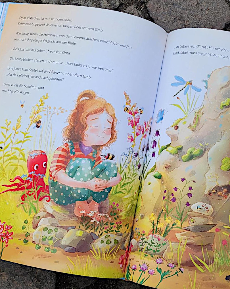Ausschnitt einer Innenseite des Bilderbuches „Im Leben nicht! Ein Naturgrab für Opa“ von Susanne Maria Emka und Lisa Rammensee
