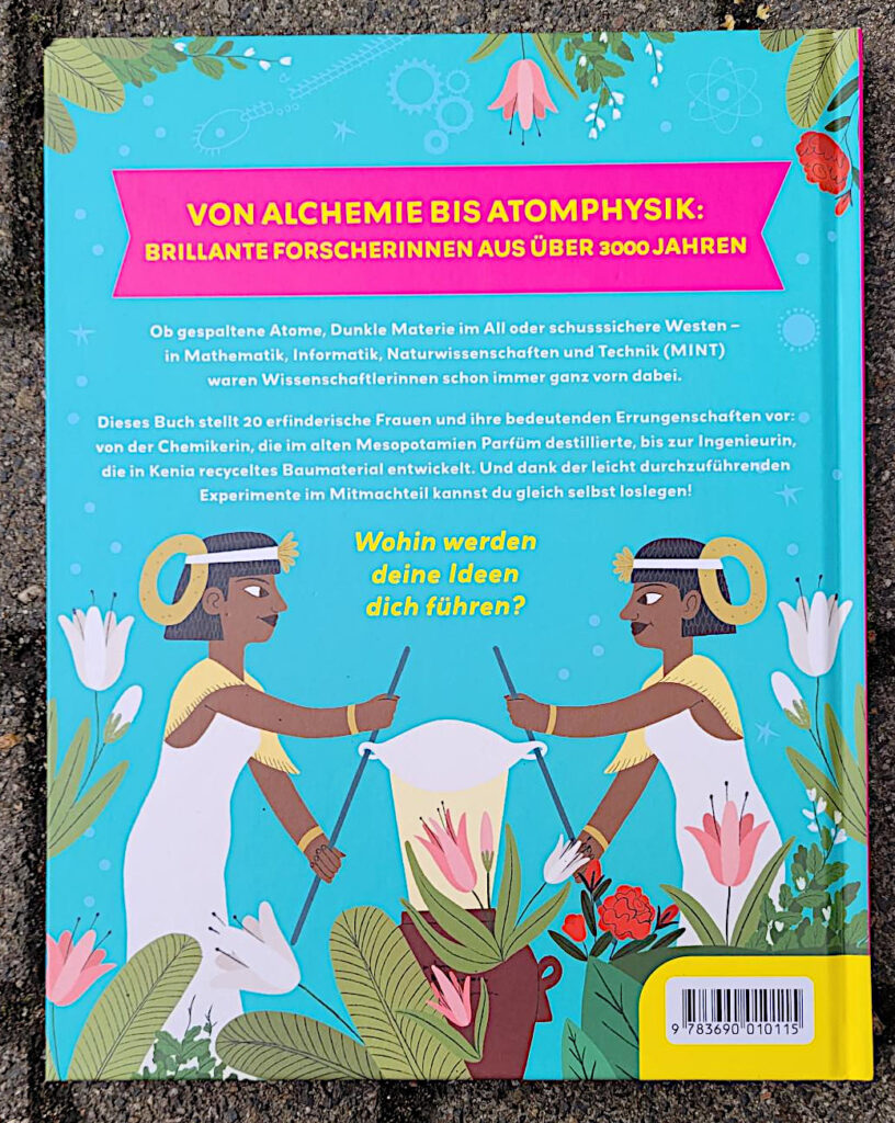 Rückseite mit Rückentext des Kinderbuches „Geniale Frauen, geniale Forschung: Pionierinnen der MINT-Wissenschaften“ von Frances Durkin und Nur Ventura