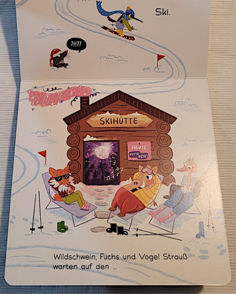 Ausschnitt einer Innenseite des Bilderbuches „Kakadu und Kolibri fahren eine Runde ... Ski“ von Katja Frixe und Juliane Zickelbein