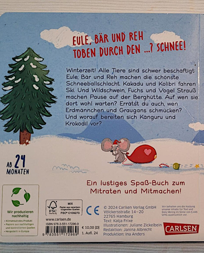 Rückseite des Kinderbuches „Kakadu und Kolibri fahren eine Runde ... Ski“ von Katja Frixe und Juliane Zickelbein mit Rückentext