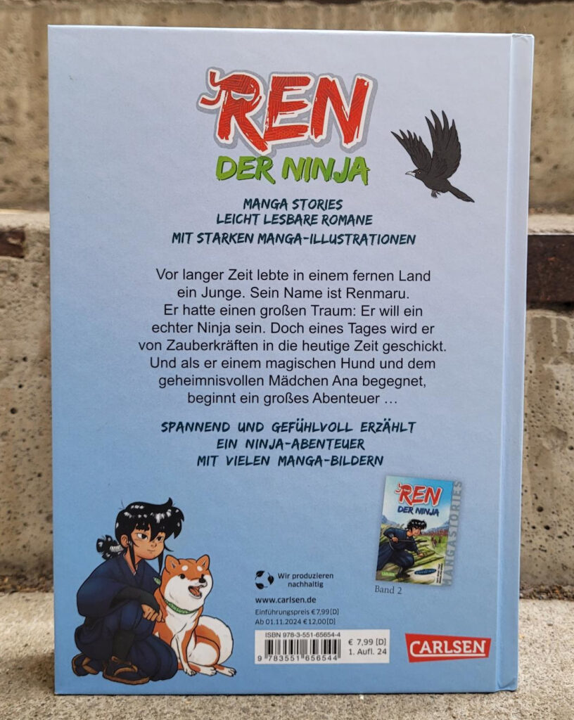 Rückseite mit Rückentext des Manga-Romans für Kinder „REN, der Ninja: Aufbruch“ von Miyuki Tsuji und Pau Gámez