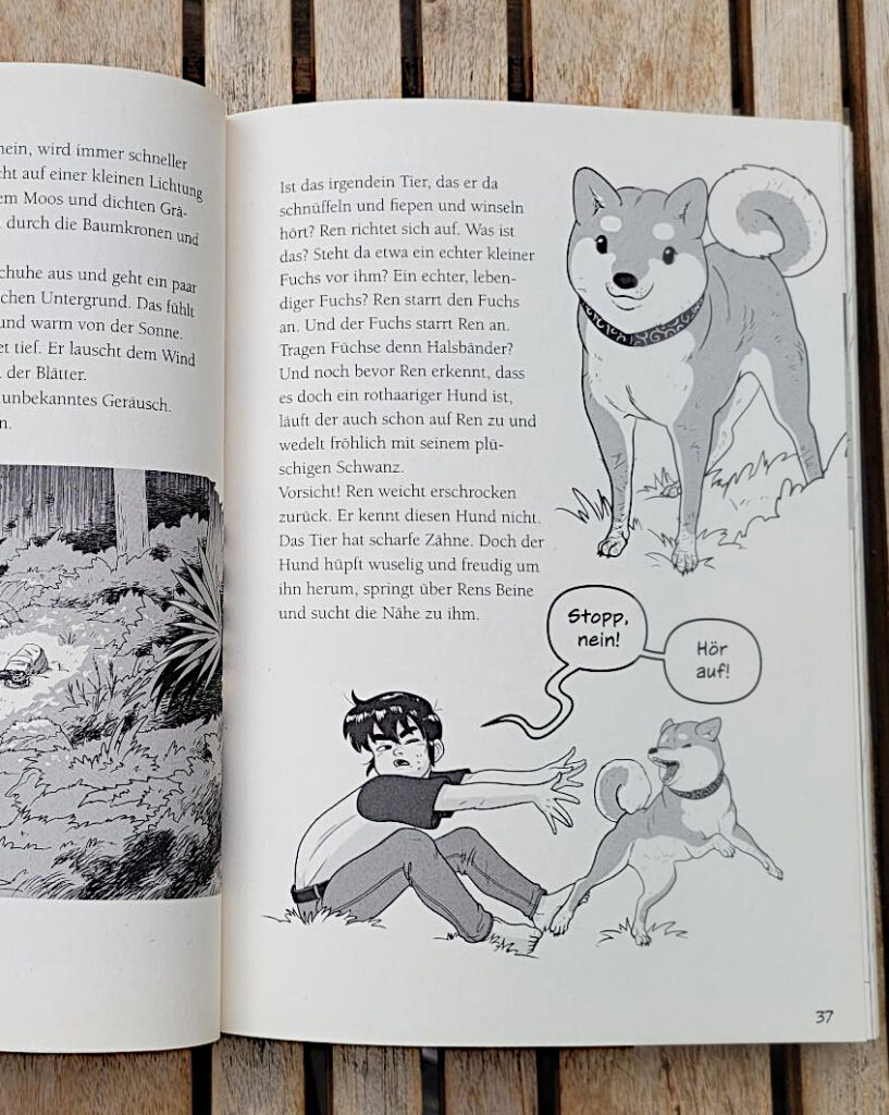 Ausschnitt einer inneneite des Kinderbuches „REN, der Ninja: Aufbruch“ von Miyuki Tsuji und Pau Gámez
