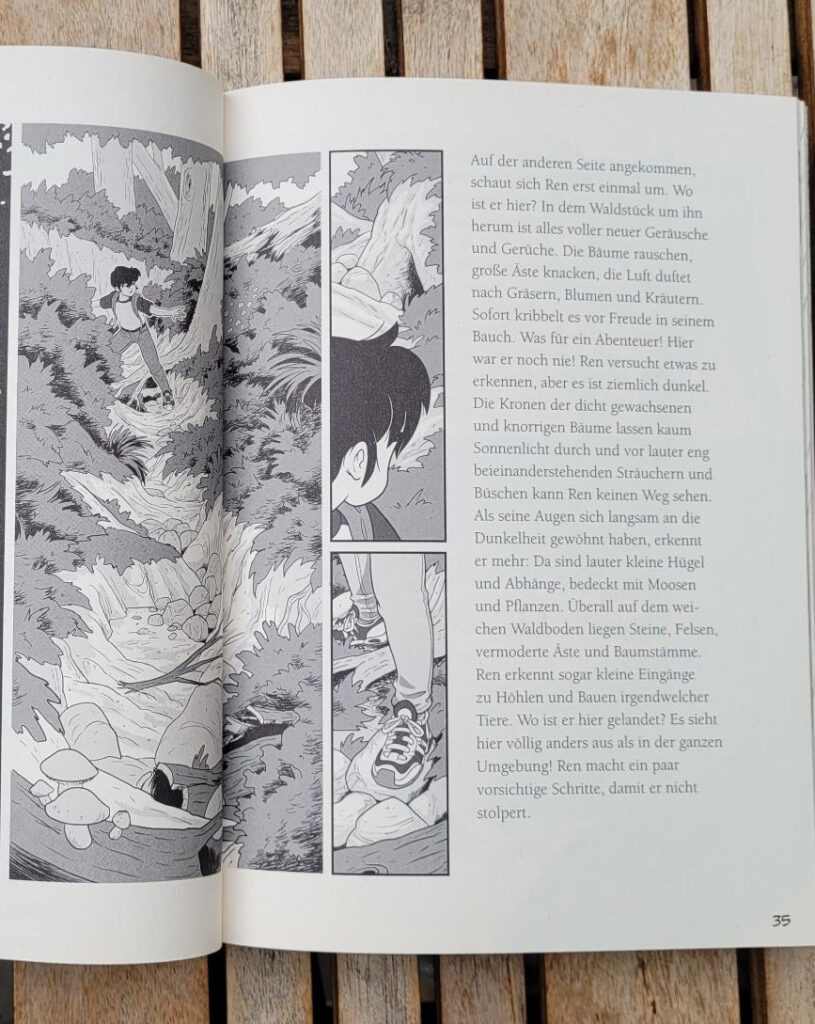 Ausschnitt einer inneneite des Kinderbuches „REN, der Ninja: Aufbruch“ von Miyuki Tsuji und Pau Gámez