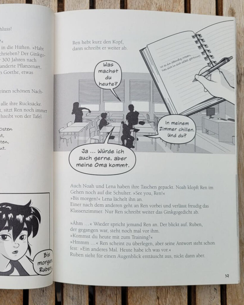 Ausschnitt einer inneneite des Kinderbuches „REN, der Ninja: Aufbruch“ von Miyuki Tsuji und Pau Gámez